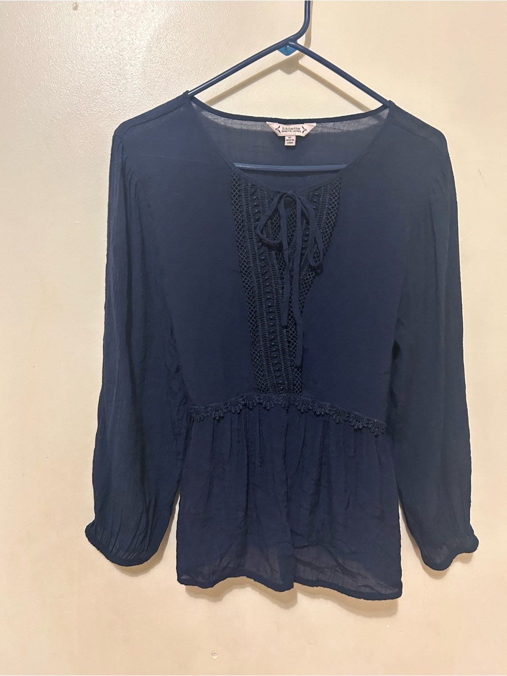 Nanette Lepore Navy Crochet-Front Bohemian Peasant Blouse Sz XL